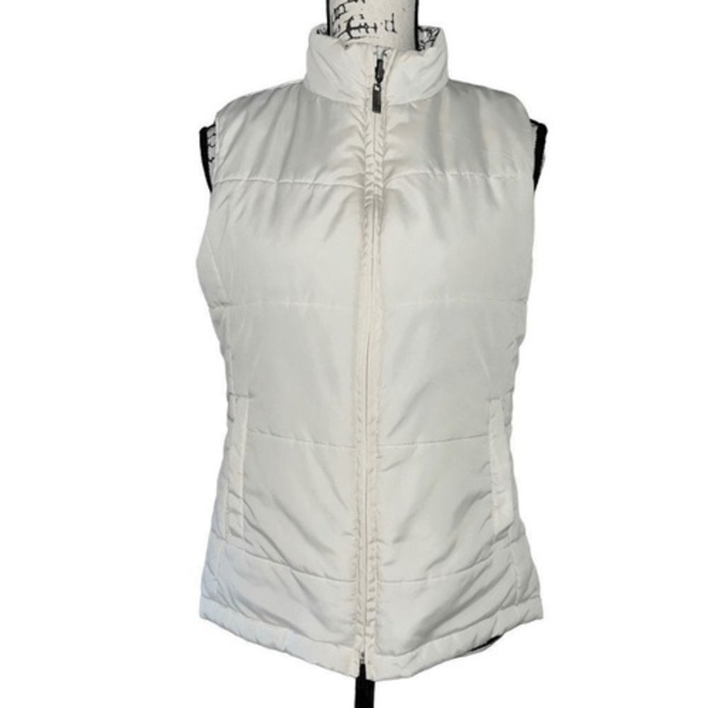 IZOD Womens Reversible Puffer Vest Off White Teal Green Plaid Size Medium